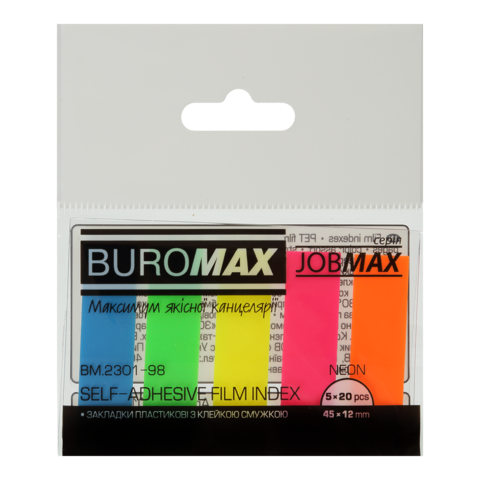 Закладки пластикові NEON, JOBMAX, з клейким шаром, 45x12 мм, 5 кол.по 20 арк. — Photo 1