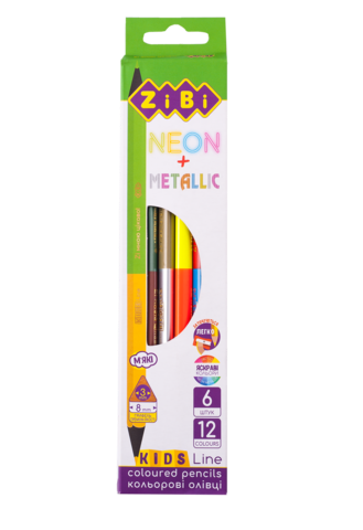 Олівці кольорові двостор. NEON+METALLIC, 6 шт. (12 кол.), KIDS LINE — Photo 1