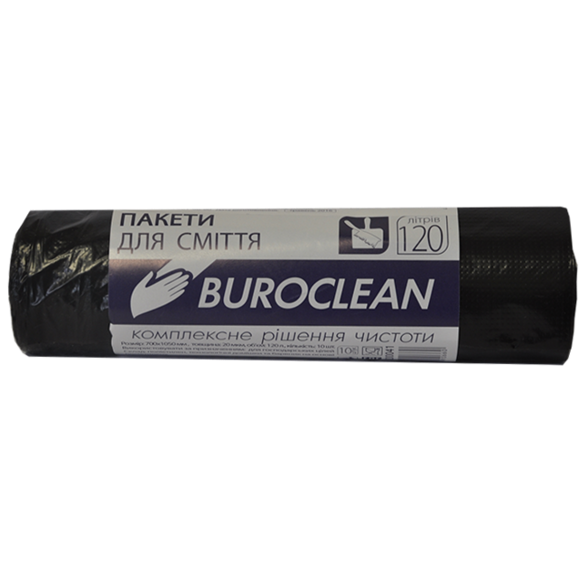 Пакети для сміття 120л/10шт, 700х1050мм, чорні,20мкм, ПВТ (LDPE) BuroClean ECO