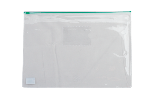 Папка - конверт, на блискавці zip-lock, А5, глянцевий прозорий пластик, зелена блискавка