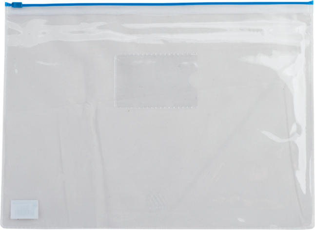 Папка - конверт, на блискавці zip-lock, А4, глянцевий прозорий пластик, синя блискавка
