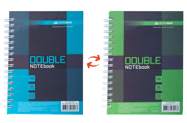 Книга записна DOUBLE, А6, 96 арк., клітинка, тверда ламінована обкладинка, зелена/блакитна