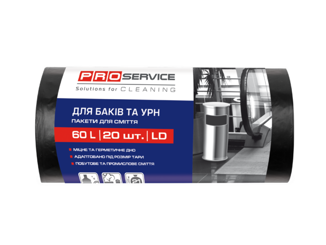 Пакети для смiття, п/е, 60*80, 21 мкм, чорні, LD, 60л/20шт (25шт/ящ) PRO SERVICE